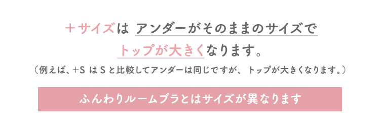 ＋サイズは アンダーがそのままのサイズでトップが大きくなります。（例えば、＋S はSと比較してアンダーは同じですが、トップが大きくなります。）ふんわりルームブラとはサイズが異なります